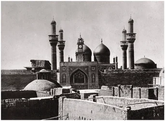The golden domes and minarets of the al-Kadhimiya Mosque, Baghdad, Iraq, 1925