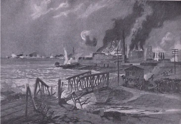 Destruction of a shipyard in Bari, Italy by Austro-Hungarian torpedo destroyers, from The Illustrated History of the World War 1914-1915