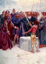 He stood there holding the magic sword in his hand