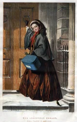 Christmas races: an elegant young woman knocks at the door of a house with a parcel in hand (illustration by Abraham Solomon)