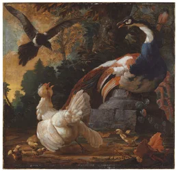 A peacock, poultry and a magpie in a landscape, 1720
