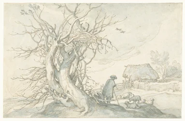 Shepherd with Sheep by a Dead Tree
