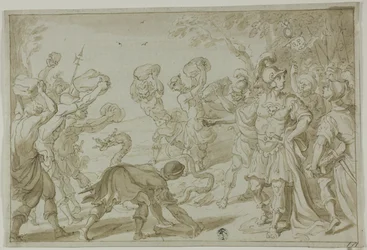 Roman Soldiers Stoning a Serpent