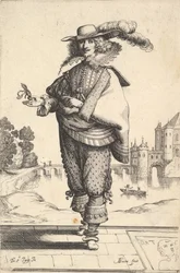 A gentleman standing in front of a large castle and wearing a plumed hat and a lace collar...