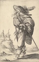 A gentleman, walking towards the left and drawing his sword from the sheath, wearing a plumed hat
