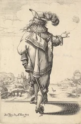 A gentleman wearing a plumed hat and carrying a sword, seen from behind, his right arm out
