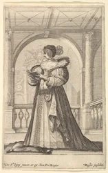 A woman standing, facing the left in profile, wearing a hat and a lace collar, ca. 1629