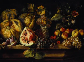 Still Life of Watermelon, Grapes, Plums, Peaches, Cherries and other Fruit on a Ledge