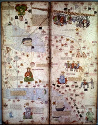 Mapping: Map of Cathay, ancient name of Mongolian China in Central Asia and Europe. There are: Delhi, with the Aral Sea, the Volga River, the Caspian Sea, the Caucasus, Euphrates, the Arabian Peninsula and the cities of Dehli