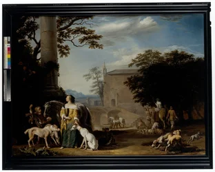 A Wooded Landscape with Huntsmen and Their Animals Resting at a Watering Place