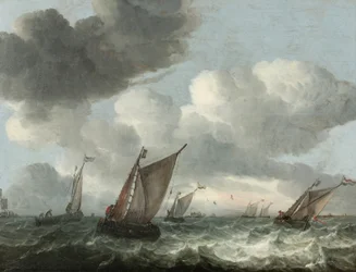 Fishing boats off the coast in a choppy sea