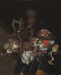 Silver Wine Jug, Ham, and Fruit