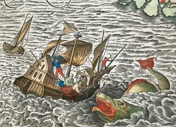 A Ship Being Attacked by a Sea Monster from Typus Orbis Terrarum, by Abraham Ortelius