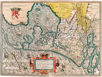 Hollandiae Antiquorum Catthorum Sedis Nova Descriptio, Auctore Lacobo a Daventria. Geography Map of the Territory of the Netherlands with the Cities of Amsterdam and Haarlem... Taken from 