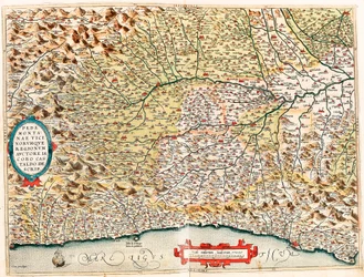 Geography Map of the Territory of Italy from Monaco in France to Genes and Passing Through the Provinces of Imperia de Savona and Genoa from Theatrum Orbis Terrarum by Abraham Ortelius