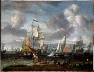 An English yacht saluting a Dutch man-of-war in the port of Rotterdam