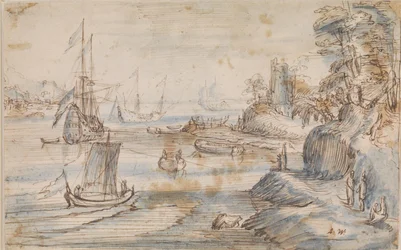 Coastal Landscape with Several Ships, a High Coast with Several Figures