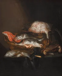 Still Life with a Ray on a Barrel, a Salmon Steak, a Pike Perch and a Coalfish in a Basket, with Flounders, a Knife and a Crab on a Draped Table