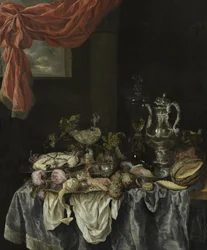 Sumptuous Still-life with Glass and Silverware, Fruit, Shellfish and a Watch on a Dark Tablecloth