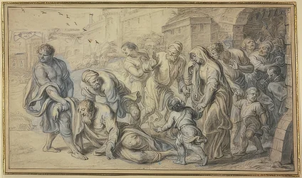 Old Man Lifted from the Ground by Inhabitants in Front of City Walls