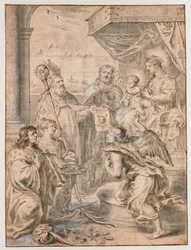 Mary with Child on Throne Adored by Three Saints