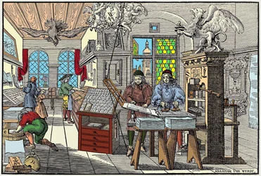 Interior of a Printing Factory in Nuremberg, Germany: Workers at Work, Beginning of the 17th Century - Engraved by Abraham van Werdt