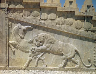 Lion fighting a bull, relief on the east staircase of the Apadana
