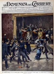 A former Dutch sailor tried to ransack the famous painting by Rembrandt van Rijn (1606-1669), The Night Watch. Cover of La Domenica del Corriere, ill. de Beltrame, 01/1911