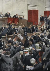 A stormy sitting in the Italian Chamber of Deputies during a budget debate. MP Chiesa suspends the vote by throwing the ballot box. 