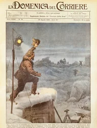 American explorer, Richard E Byrd, being joined by companions in Antarctic after being alone for five months, by Achille Beltrame, illustration, from La Domenica del Corriere, 26th August 1934