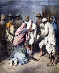 Arrest of Mahatma Gandhi. Illustration by Achille Beltrame. La Domenica del Corriere. 1932