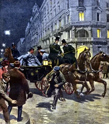 Assassination attempt on the German Emperor Wilhelm II (1859 - 1941) during his carriage ride to the Bremen station, on the evening of 6/03/1901. Illustration by Beltrame. La Domenica del Corriere. 17/06/1901.