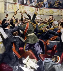 Assassination attempt on the Russian minister Stolypin at the municipal theater of Kiev. Illustration by Beltrame