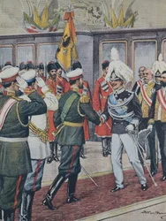 Victor Emmanuel III, King of Italy; Nicholas II, Tsar of Russia. The Tsar Receives King Victor Emmanuel III of Italy in Peterhof. A. Beltrame Illustration. La Domenica del Corriere