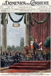 Benito Mussolini Delivering His Speech at the Teatro Reale of the Opera in Rome Before the Leaders of the Regime. Illustration by Achille Beltrame. 