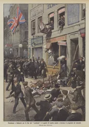 Moved and outraged by the end of the Lusitania, the people of London attack and devastate German properties