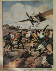 Cover illustration of Captain Moizo attempting a crash landing during the African Campaign, by Achille Beltrame, from La Domenica del Corriere, 22nd September 1912