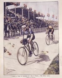 Cover illustration of Tour de France riders arrival, with Petit-Breton winner; Paris, France