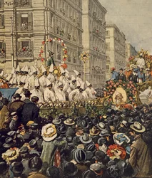 Crowds during carnival in Naples, by Achille Beltrame, illustration, from La Domenica del Corriere, 31st January 1904