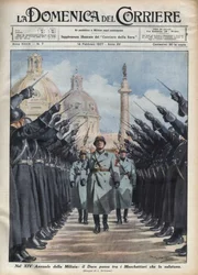 Duce Benito Mussolini reviews the "Moschettieri" of the Voluntary Militia for National Security in Rome. Illustration by Achille Beltrame in "La Domenica del Corriere", 14/02/1937.