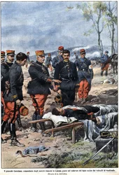 Episode of the war of 1914: General Noel Edouard de Curieres de Castelnau (1851-1944), commander of the French army in Lorraine, swears to the body of his dead son to avenge him. Illustration by Achille Beltrame in La Domenica del Corriere