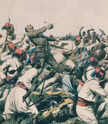 Ethiopian attack on Lugh garrison and killing of Captain Bongiovanni, illustration from La Domenica del Corriere