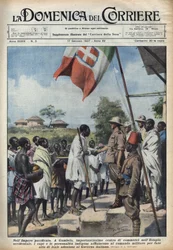 Fascism 1937: Meetings in Gambela, the Trading Centre of the Ethiopian Empire, of Indigenous Chiefs and Personalities to Make an Act of Accession to the Italian Government. Illustration of Achille Beltrame in 