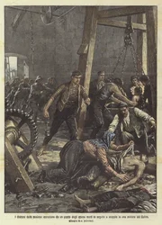 The dramas of the mines, extraction of dead workers from a well following an explosion in a Welsh mine
