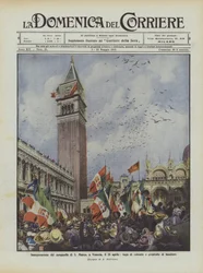 Inauguration of the Bell Tower of St. Mark in Venice on April 25, Flight of Doves and Waving Flags