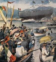 Launching of battleship Andrea Doria from Arsenale in La Spezia, panel by Achille Beltrame, La Domenica del Corriere, April 6