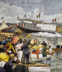 Launching of battleship Regina Margherita in La Spezia, panel by Achille Beltrame, La Domenica del Corriere, June 9