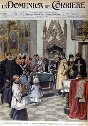 The problem of divorce in Italy: the population signs petitions against divorce in the sacristies. Illustration of Beltrame. La Domenica del Corriere. 9/02/1902