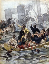 Maritime dramas: the shipwreck of the Wallawalla liner loaded with gold prospectors from the Klondike. Illustration by Beltrame. La Domenica del Corriere. 1902