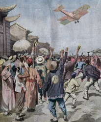 Lieutenant Arturo Ferrarin, participant in Rome-Tokyo raid, arriving appearing over sky of Shanghai, illustration by Achille Beltrame from La Domenica del Corriere, May 16